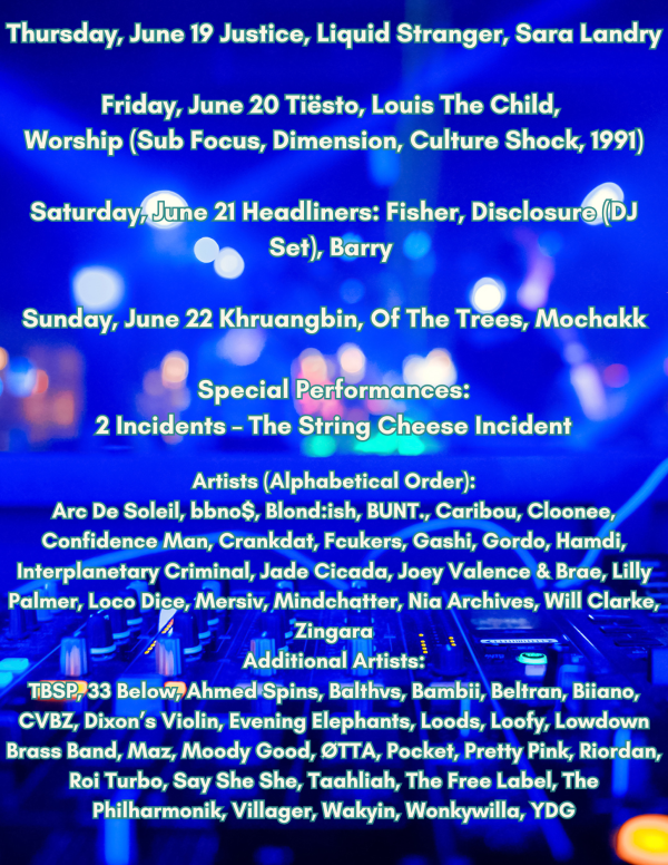 Here is the Electric Forest 2025 lineup extracted from the image, formatted for easy copy-pasting into Canva Thursday, June 19 Headliners Justice, Liquid Stranger, Sara Landry Friday, June 20 Head